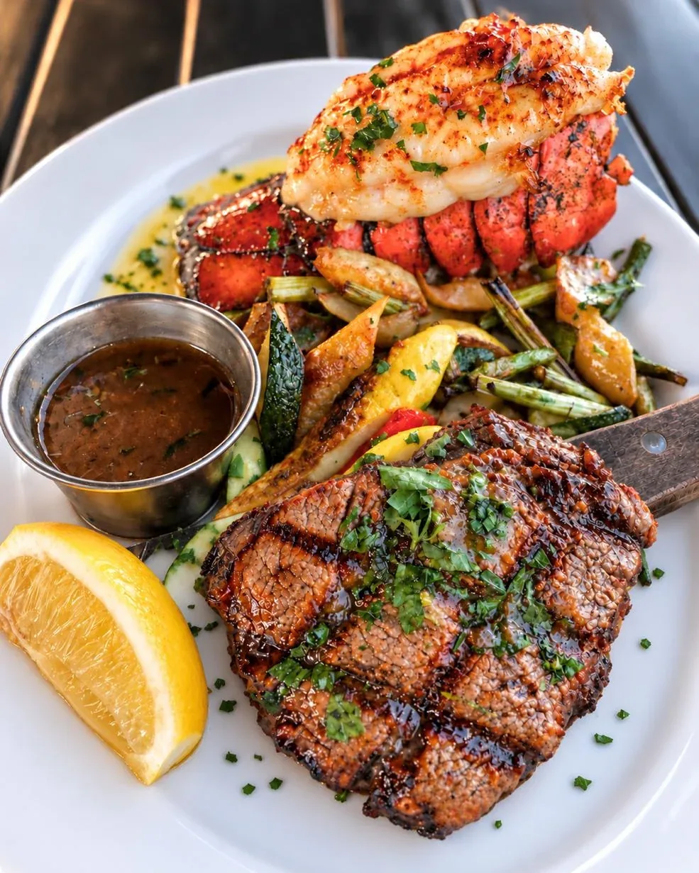 Surf n' Turf: grilled filet mignon with lobster tail, roasted vegetables, a lemon wedge and drawn butter